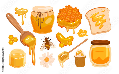 Bee honey set vector illustration. Cartoon isolated sweet beekeeping farm food products collection with honeycomb, glass jar and spoon with yellow liquid, bread and cake with honey, honeybee insect