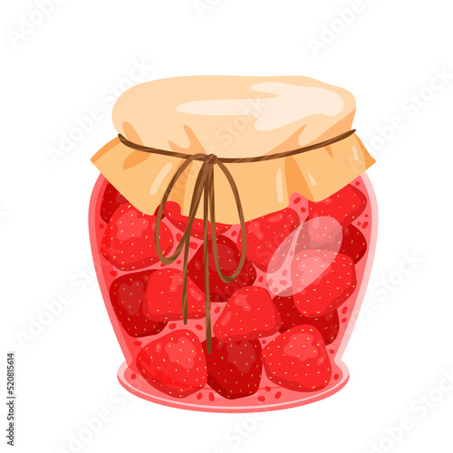Jar of strawberry jam. Sweet dessert jam, berries jelly, homemade organic product vector illustration