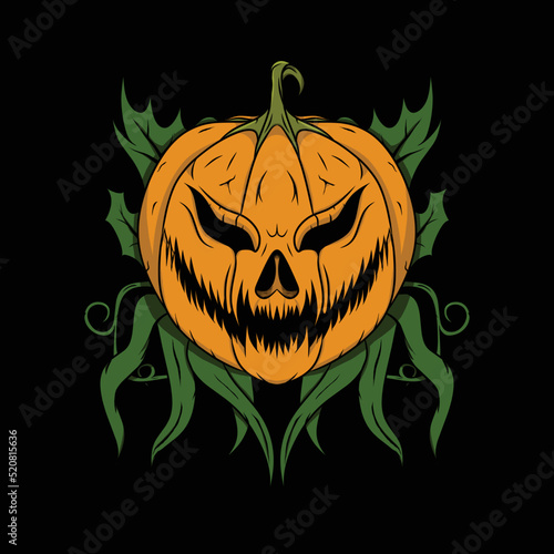 Pumpkin Halloween Version with Horror Desaign and Leaf For Bckground,Mask Designs for T-shirts, Tattoos, Stickers, Gaming Logos or Posters