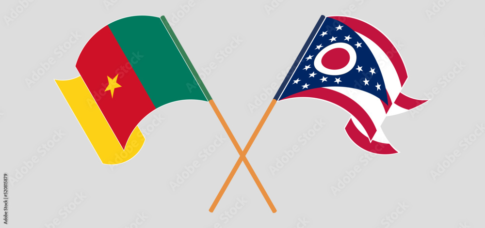 Crossed and waving flags of Cameroon and the State of Ohio