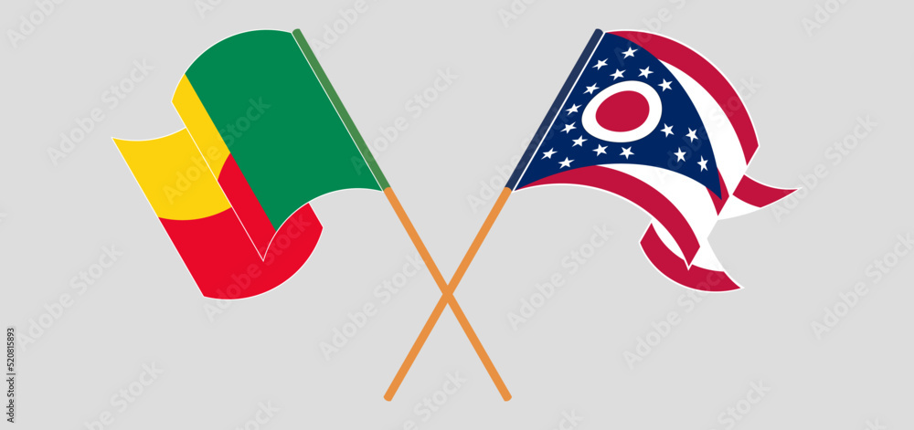 Crossed and waving flags of Benin and the State of Ohio