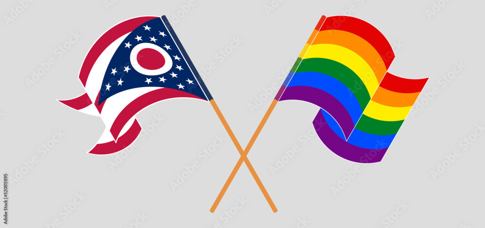 Crossed and waving flags of the State of Ohio and LGBTQ Crossed and waving flags of the State of Ohio and LGBTQ