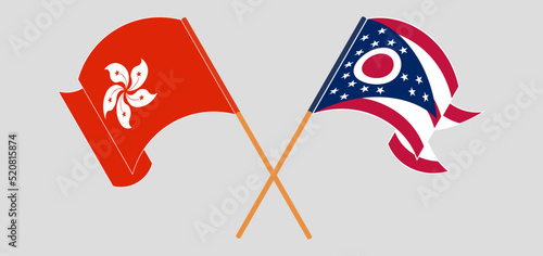 Crossed and waving flags of Hong Kong and the State of Ohio