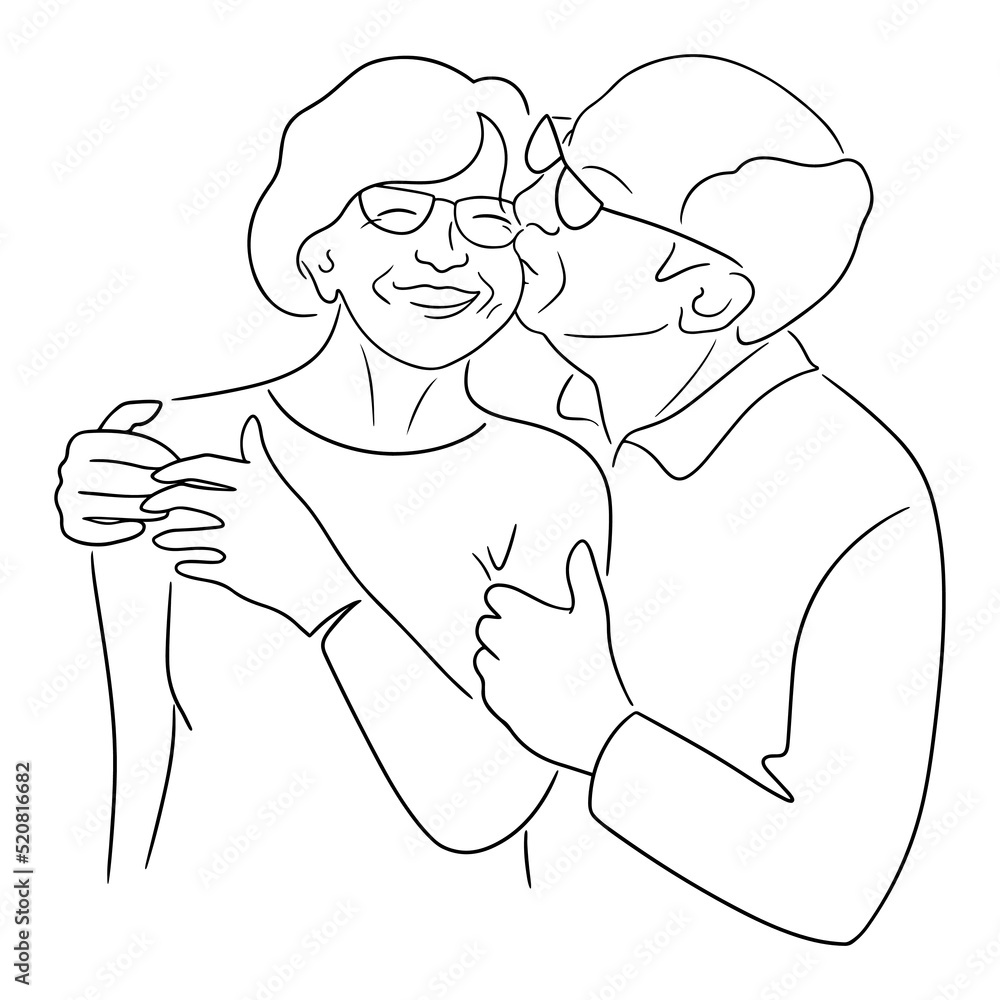 Happy grandmother and grandfather. Old man hugging and kissing smiling aged wife in a cheek. Elderly people couple Happy grandmother and grandfather. Old man hugging and kissing smiling aged wife in a cheek. Elderly people couple
