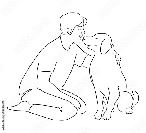 Person sitting on knees and petting dog. Line art vector sketch of happy man and pet. Pets friendly concept