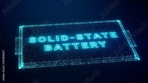 Solid-state battery pack design for electric vehicle (EV) concept illustration, 3D rendering new research and development batteries with solid electrolyte high energy storage for future car industry
