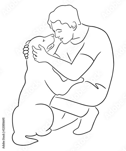 Person sitting on knees and petting dog. Line art sketch of man and pet. Pets friendly concept
