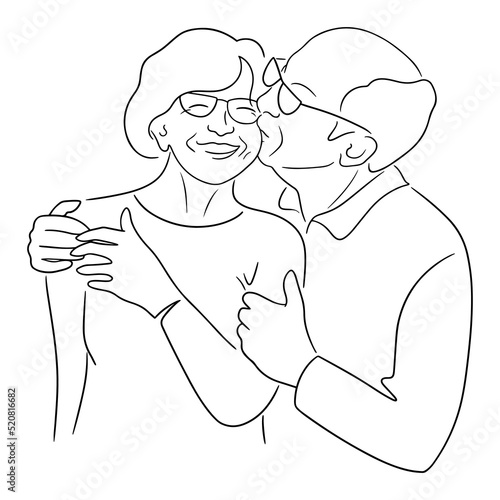 Happy grandmother and grandfather. Old man hugging and kissing smiling aged wife in a cheek. Elderly people couple