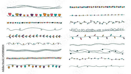Vector set colored hand drawn vintage borders. Doodle lines collection for your design. Cute trendy decorative and botanical element. Curves decorated with leaves, circles, swirls, hearts