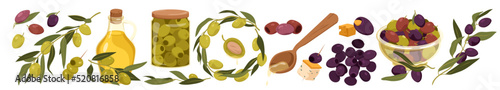 Green and black olives set vector illustration. Cartoon isolated branch and wreath with leaves and olives, glass jug and spoon with Mediterranean extra virgin oil, jar and bowl with pickled fruit