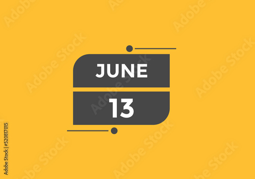 june 13 Calendar icon Design. Calendar Date 13th june. Calendar template 
