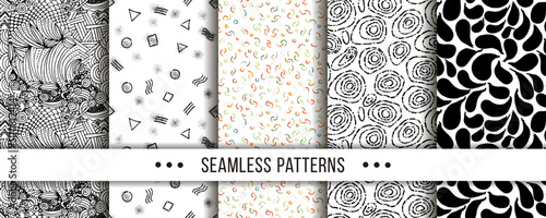 Set of seamless patterns with hand-drawn elements texture, abstraction illustration of black silhouette on white background