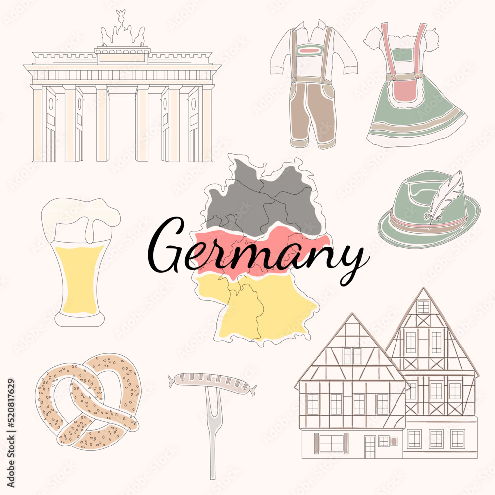 Set of linear icons on the theme of German sights. German food. German national clothes. German architecture. Vector icons.