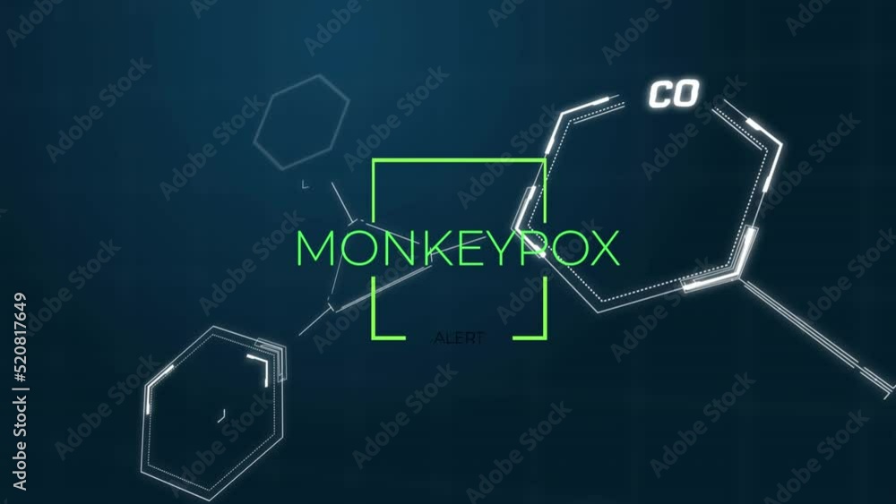 Animation of monkey pox over chemical formulas on navy background Animation of monkey pox over chemical formulas on navy background