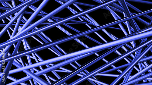 Construction of chaotic metal lines. Motion. 3D beams move in chaotic design. Metal structure made of beams on black background