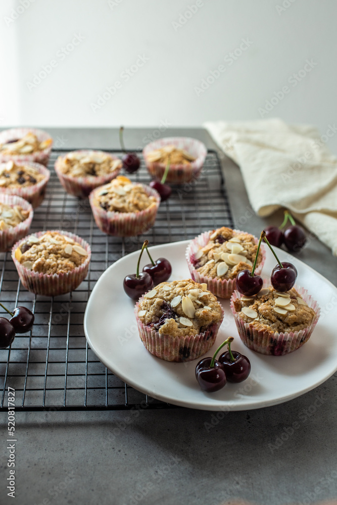 close up cherry muffins with chocolate