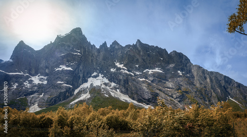 The Troll Wall (English) or Trollveggen (Norwegian),a part of the mountain massif Trolltindene (Troll Peaks) in the Romsdalen valley, Norway