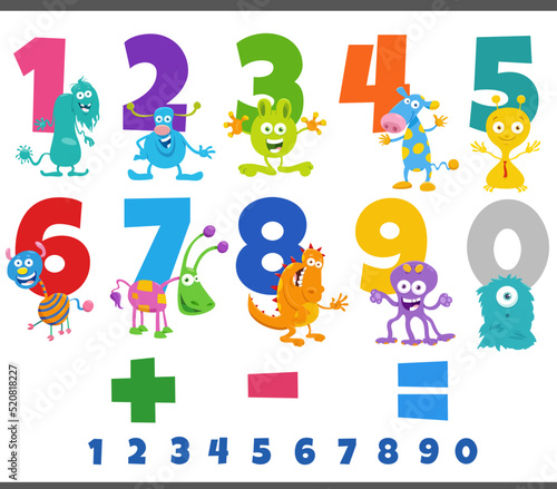 educational numbers set with fantasy monster characters
