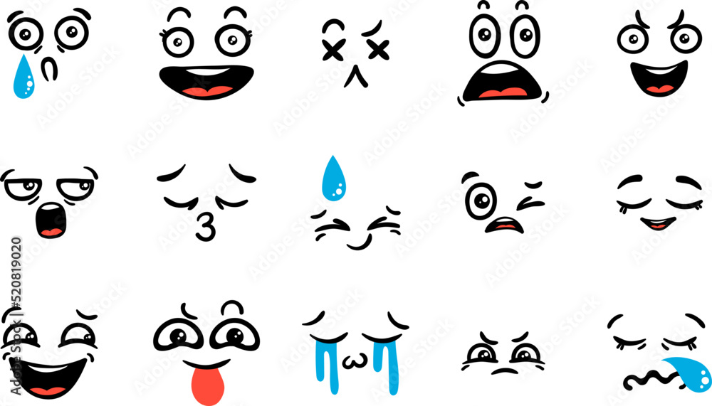 Various Cartoon Emoticons Set. Doodle faces, eyes and mouth. Caricature ...