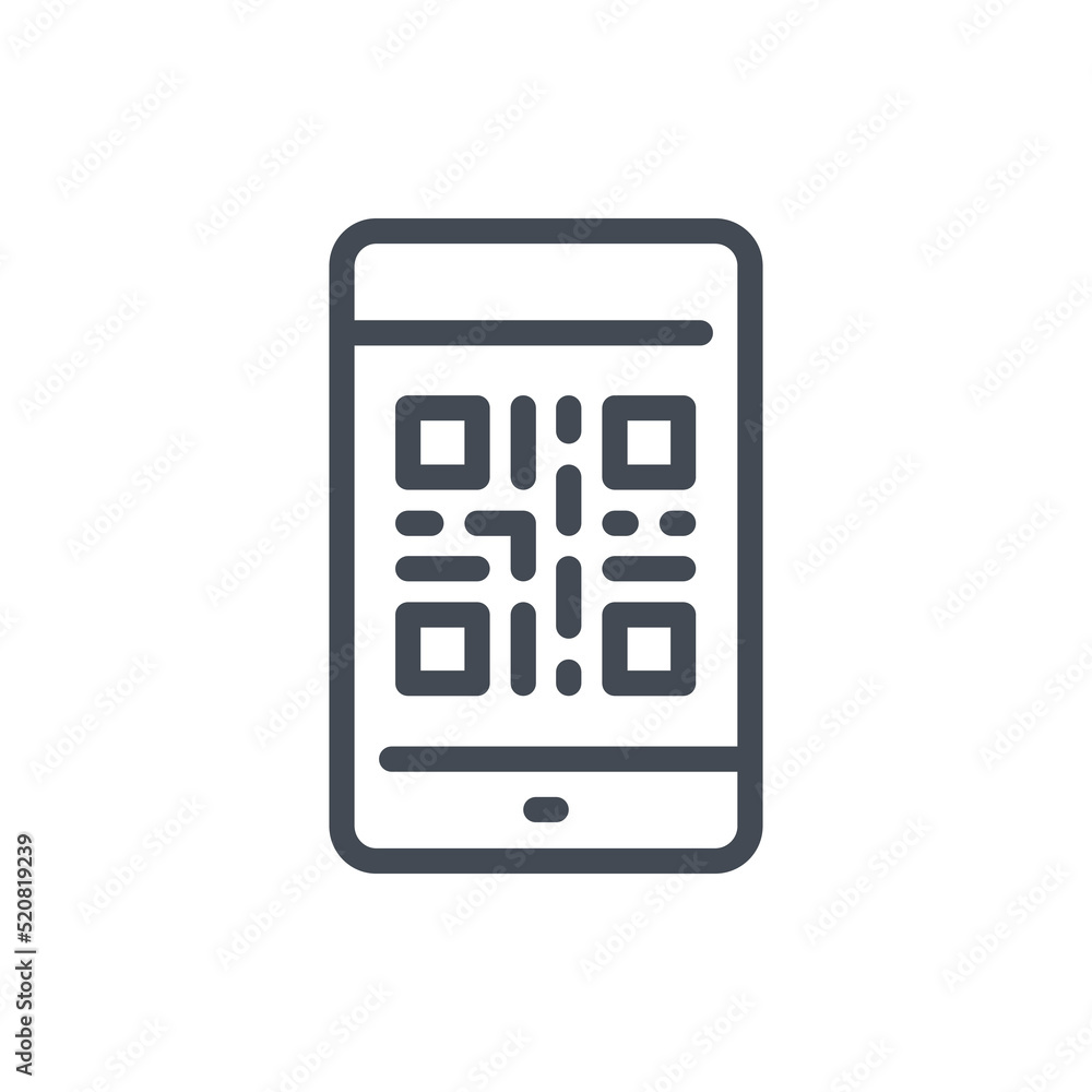 Mobile phone with QR code line icon. Scan QR on smartphone vector outline sign. Mobile phone with QR code line icon. Scan QR on smartphone vector outline sign.