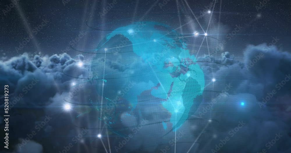 Animation of network of connections with globe over sky with clouds Animation of network of connections with globe over sky with clouds