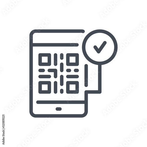 Mobile phone with QR code and check mark in circle line icon. Approved QR code on smartphone vector outline sign.