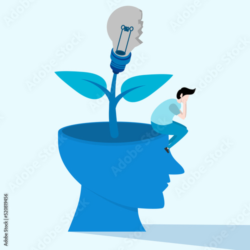Not inspired or motivated after business failure, tired or exhausted by crisis, no new inspiration ideas or concepts, depressed man sitting with broken light bulb idea behind him