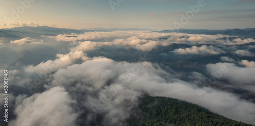 Amazing aerial view of beautiful low clouds creeping on the tree-covered mountain slopes, the Rhodopes in Bulgaria at sunrise.