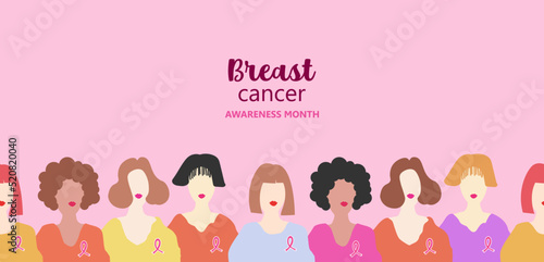 Breast cancer awareness background. October is month of breast cancer awareness in the world. Dedsign with woman and pink ribbon. Vector.