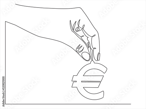 Continuous one line drawing of hand picking euro sign. Thin line image of woman hand holding money concept. Vector illustration for banner, template, poster, infographics, business web, app.