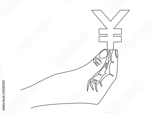 Continuous one line drawing of hand picking Chinese yuan sign. Thin line image of woman hand holding money concept. Vector illustration for banner, template, poster, infographics, business web, app.