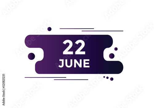 june 22 calendar reminder. 22th june daily calendar icon template. Vector illustration 
