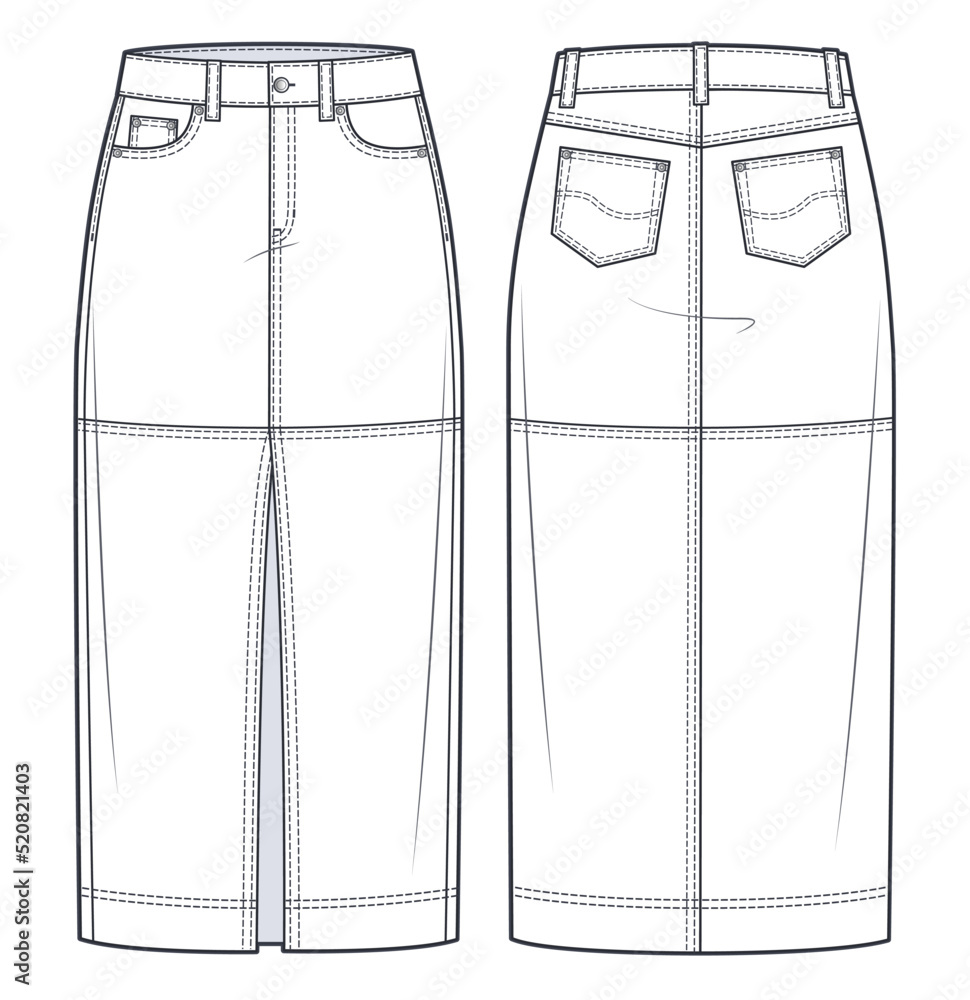 Skirt Sheath Straight Technical Fashion Illustration With Knee Lengths  Flap At Back Pencil Fullness Flat Bottom Apparel Template Front Back  White Color Style Women Men Unisex CAD Mockup Royalty Free svg kliparty