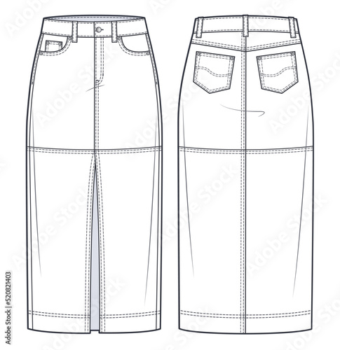 Midi Skirt technical fashion illustration. Denim Pencil Skirt fashion flat sketch template,  midi lengths silhouette, front and back pockets, front slit, front and back view, white, CAD mockup.