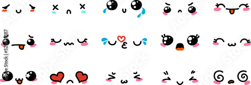 Various Cartoon Emoticons Set. Doodle faces, eyes and mouth. Caricature comic expressive emotions, smiling, crying and surprised character face expressions