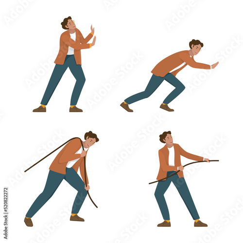 Man pull and push set of poses. A young man in a suit of different positions pulling a rope or pushing an object.