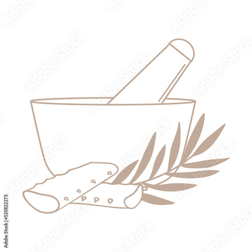 Bowl and pestle with aloe and sprig of herbs, simple icon. Skin care and beauty treatments.