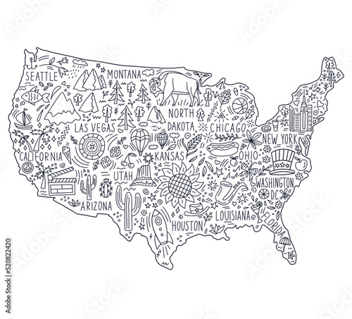 Photography Hand drawn illustrated doodle map of the United States