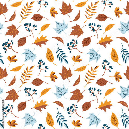 Fall vector background. Orange and blue colors. Autumn leaves and berries seamless pattern