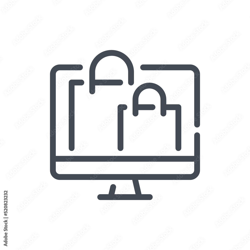 Online purchase and shopping line icon. Computer with shopping bags vector outline sign. Online purchase and shopping line icon. Computer with shopping bags vector outline sign.
