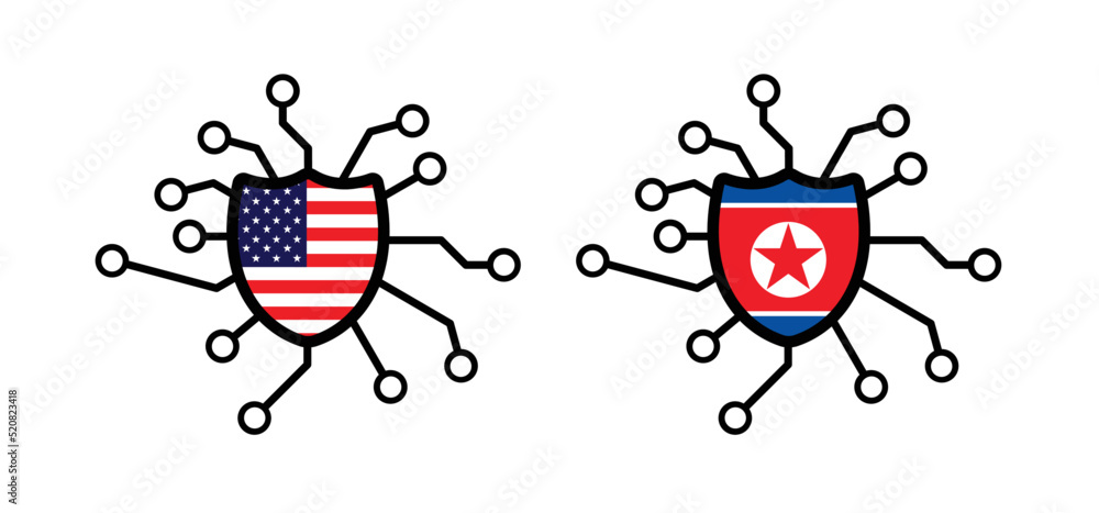 Obraz premium Hybrid war and warfare, DDoS attack. Cyber war, America and North Korea conflict. Hackers and cyber crime, Hackers and cyber criminals phishing steal personal information. Koreans and usa or vs flag.