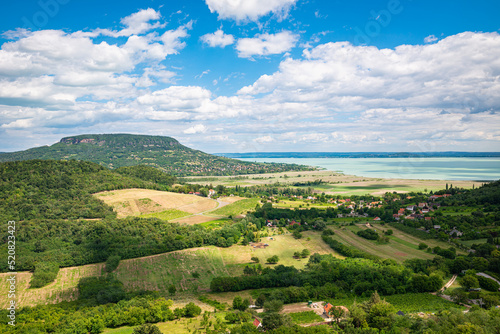 View from the castle at Szigliget over Badacsony Mountain and Lake Balaton in Hungary photo