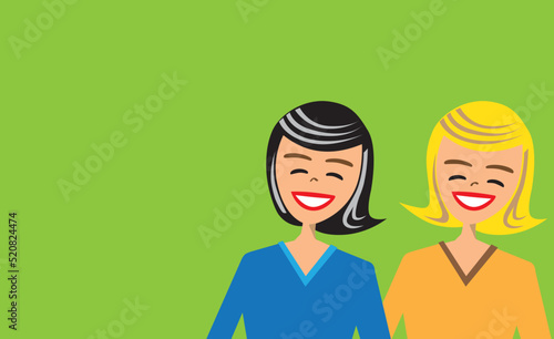 Two girls laughing. Illustration with vector. Table of offers and communication. Happy friends, conceptual. Colorful image with space for text.