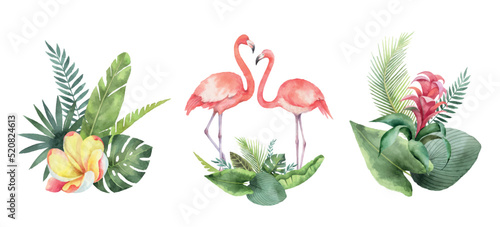 Watercolor vector set with tropical leaves, flowers and flamingo.