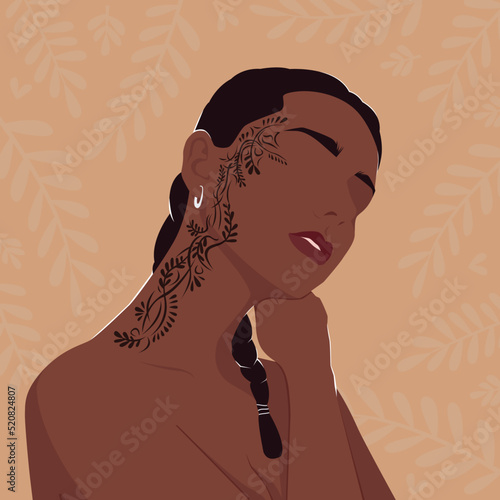 Portrait of a black woman with a tattoo on her face. Modern fashion illustration.