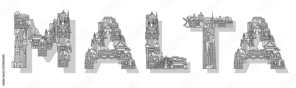 Vector illustration of the Malta consisting of buildings and houses. Trendy linear lettering. Suitable for web, advertising, posters, banners and brochures.