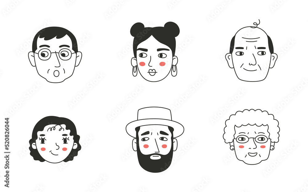 Set of different people s faces, human avatars collection. Different emotions, portrait with a positive facial expression. Set of different people s faces, human avatars collection. Different emotions, portrait with a positive facial expression.
