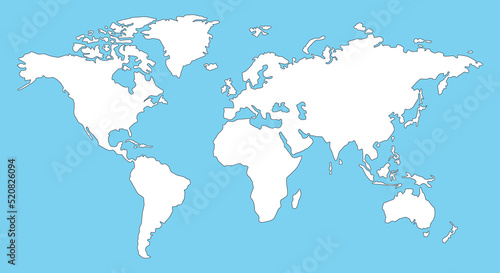 World map isolated on blue background. Silhouette map world with oceans. Vector illustration..