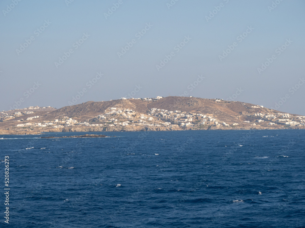 Panoramic views of the Greek islands. Vacation. Mediterranean. Cruise ship.
Windmills. Nature