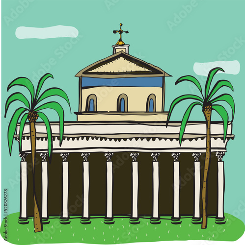 funny illustration of the Papal Basilica of St. Paul Outside the Walls in Rome, also called San Paolo Ostiense, with its facade and two palm trees